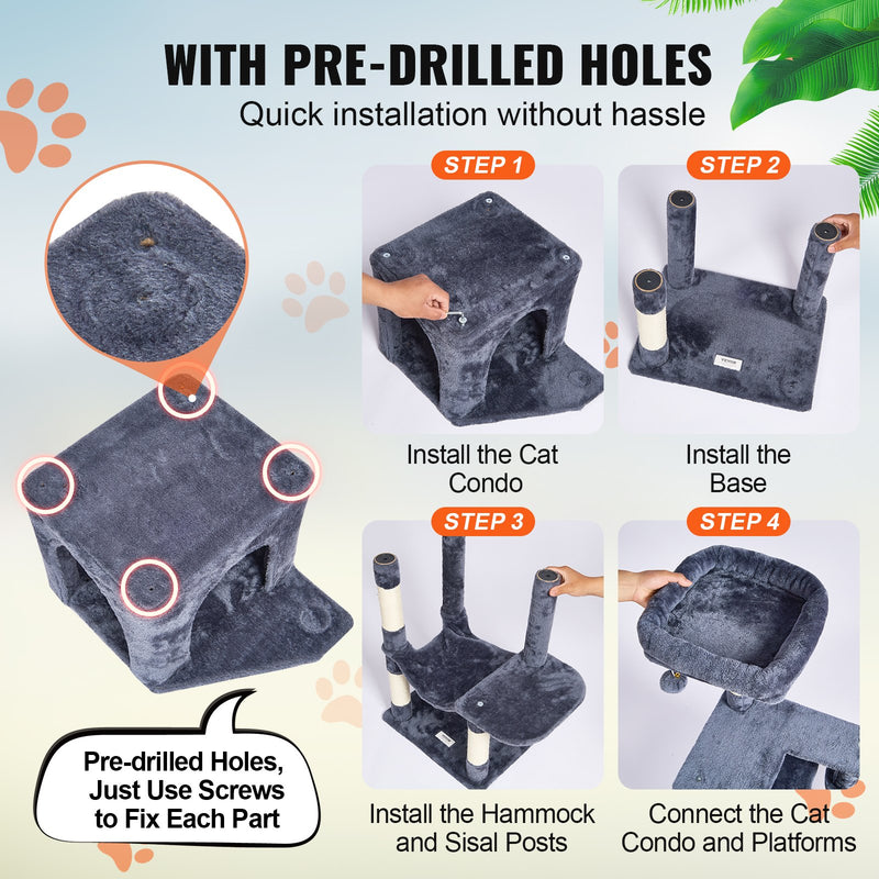 VEVOR Kaķu tornis 154 cm ar mājiņu un sizala skrāpēšanas stabiem, tumši pelēks