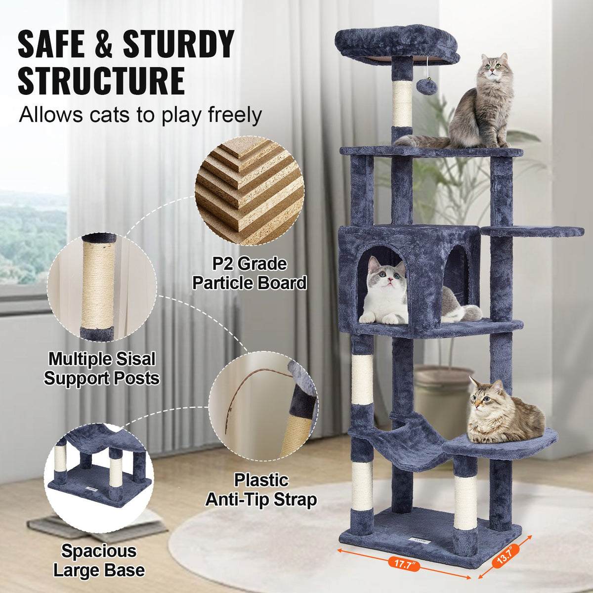 VEVOR Cat Tree 154 cm with House and Sisal Scratching Posts, Dark Grey