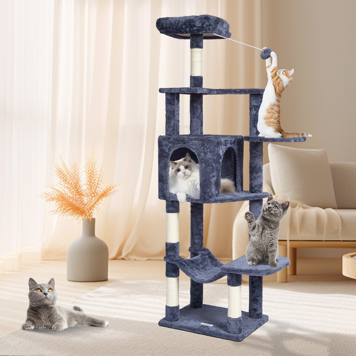 VEVOR Cat Tree 154 cm with House and Sisal Scratching Posts, Dark Grey