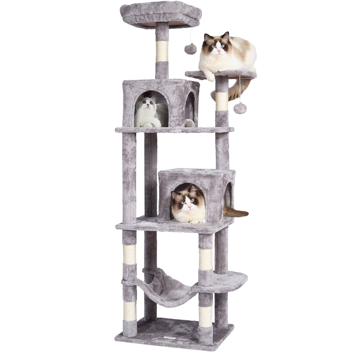VEVOR Cat Tree 160 cm with 2 Houses, Hammock, Platform and Sisal Scratching Posts, for 1–4 Cats, Light Grey
