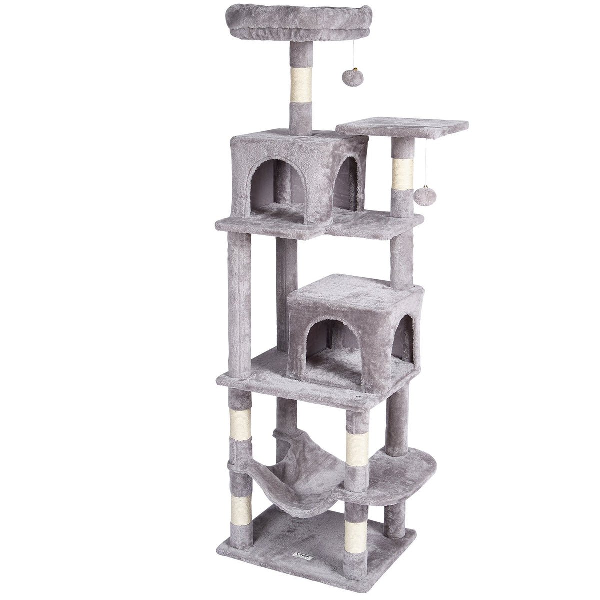 VEVOR Cat Tree 160 cm with 2 Houses, Hammock, Platform and Sisal Scratching Posts, for 1–4 Cats, Light Grey