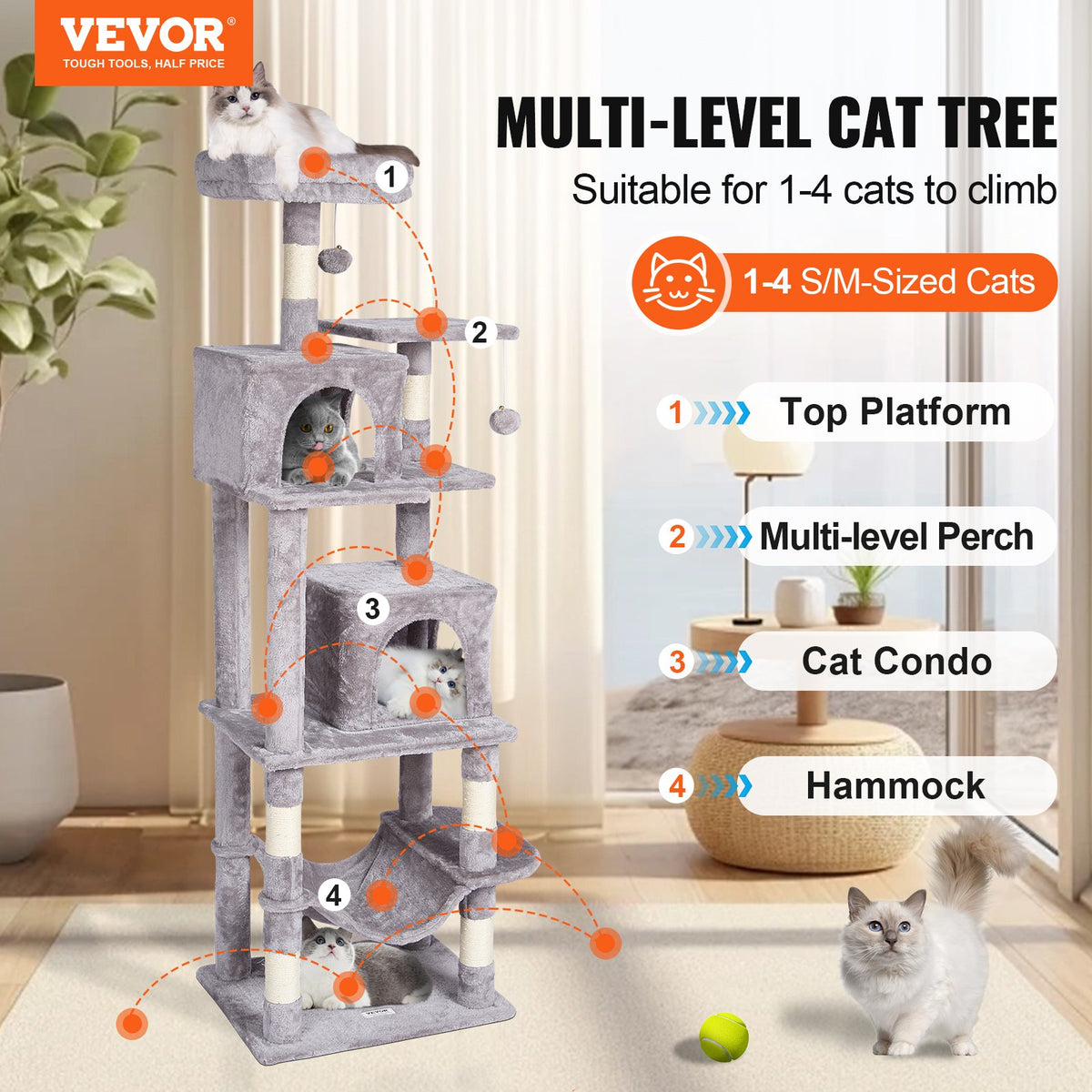 VEVOR Cat Tree 160 cm with 2 Houses, Hammock, Platform and Sisal Scratching Posts, for 1–4 Cats, Light Grey