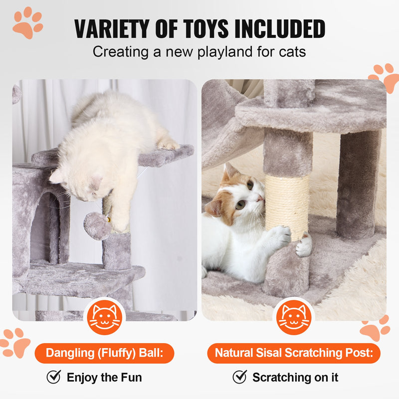 VEVOR Kaķu tornis 160 cm ar 7 līmeņiem, 2 mājiņām un šūpuļtīklu, gaiši pelēks