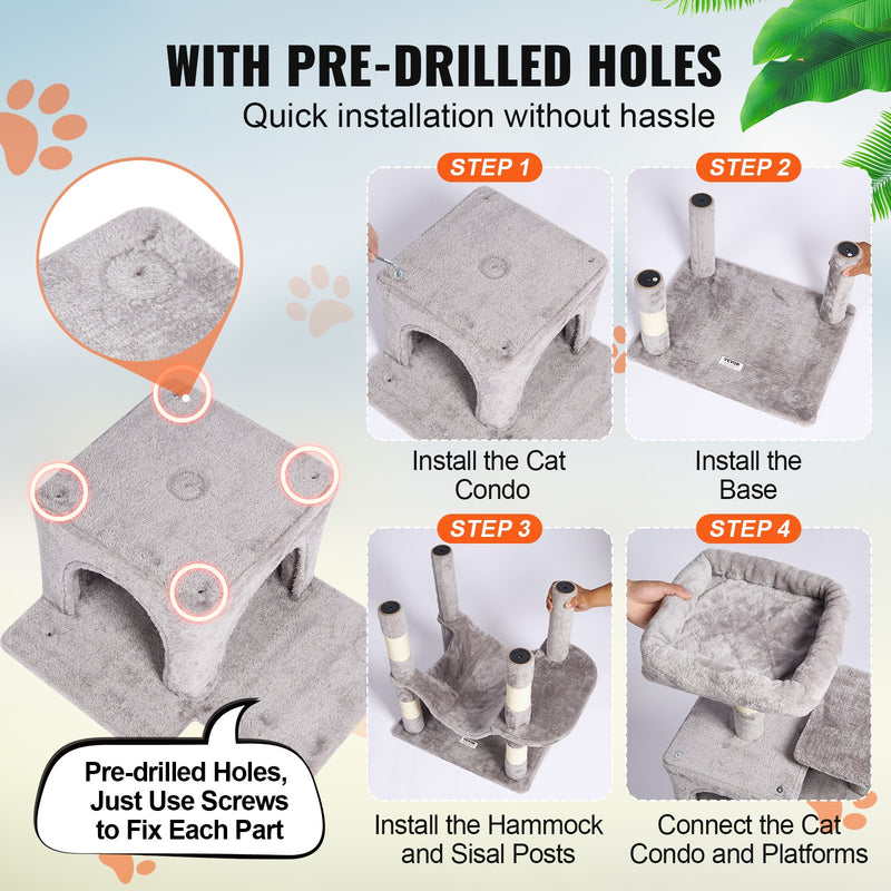 VEVOR Kaķu tornis 160 cm ar 7 līmeņiem, 2 mājiņām un šūpuļtīklu, gaiši pelēks
