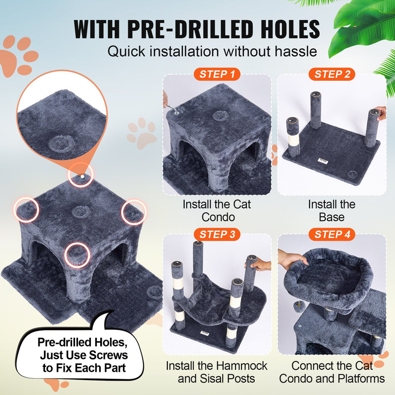 VEVOR Kaķu tornis 160 cm ar 2 mājiņām, vairākām platformām un skrāpēšanas stabiem, gaiši pelēks