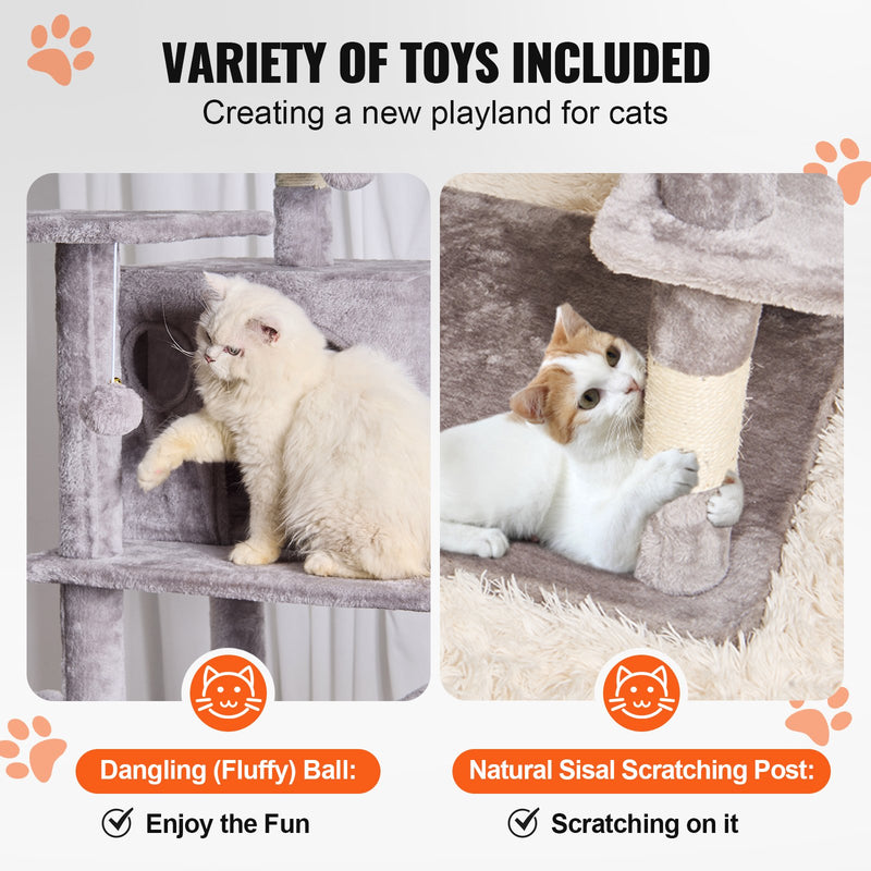 VEVOR Kaķu tornis 183 cm ar 2 mājiņām, 9 līmeņiem, šūpuļtīklu un skrāpēšanas stabiem, gaiši pelēks
