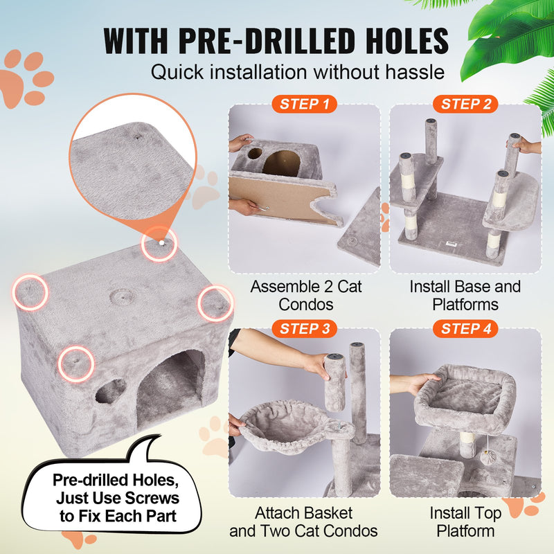 VEVOR Kaķu tornis 183 cm ar 2 mājiņām, 9 līmeņiem, šūpuļtīklu un skrāpēšanas stabiem, gaiši pelēks