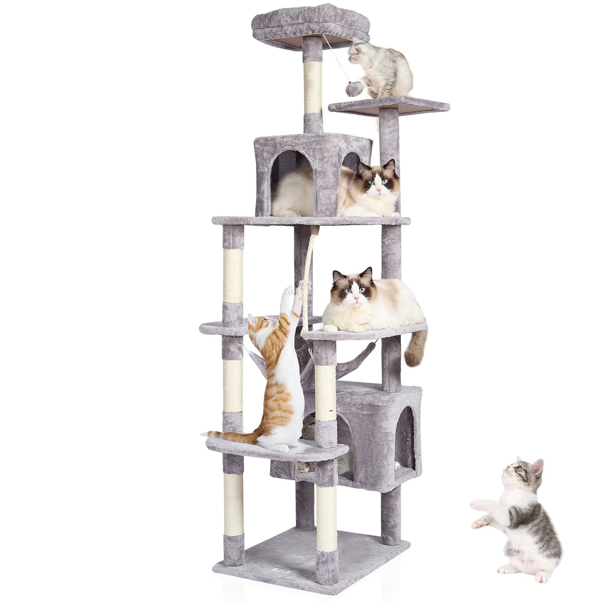 VEVOR Cat Tree 183 cm with 2 Condos and Sisal Scratching Posts, Light Grey