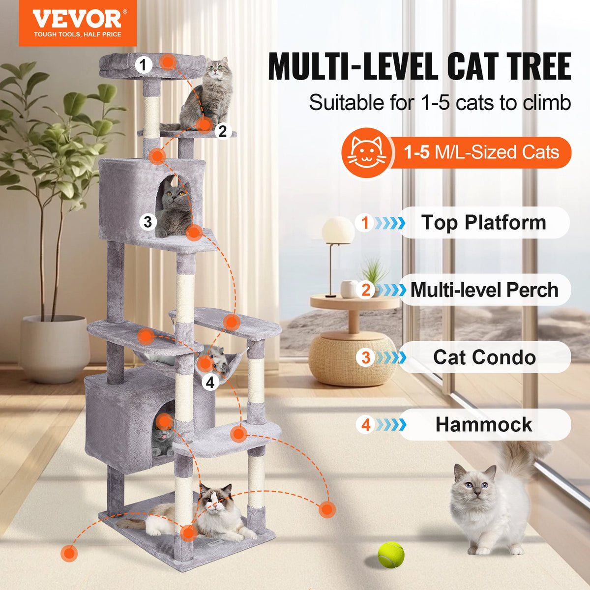 VEVOR Cat Tree 183 cm with 2 Condos and Sisal Scratching Posts, Light Grey