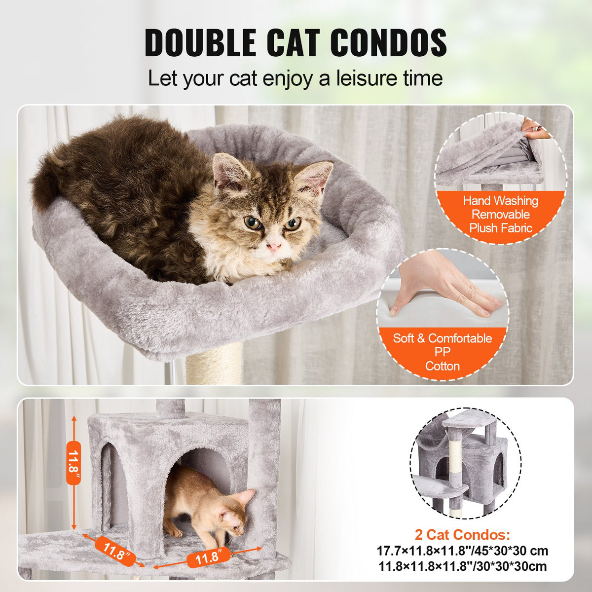 VEVOR Cat Tree 183 cm with 2 Condos and Sisal Scratching Posts, Light Grey