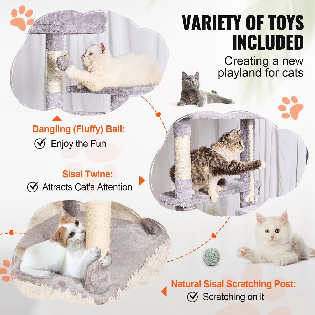 VEVOR Cat Tree 183 cm with 2 Condos and Sisal Scratching Posts, Light Grey