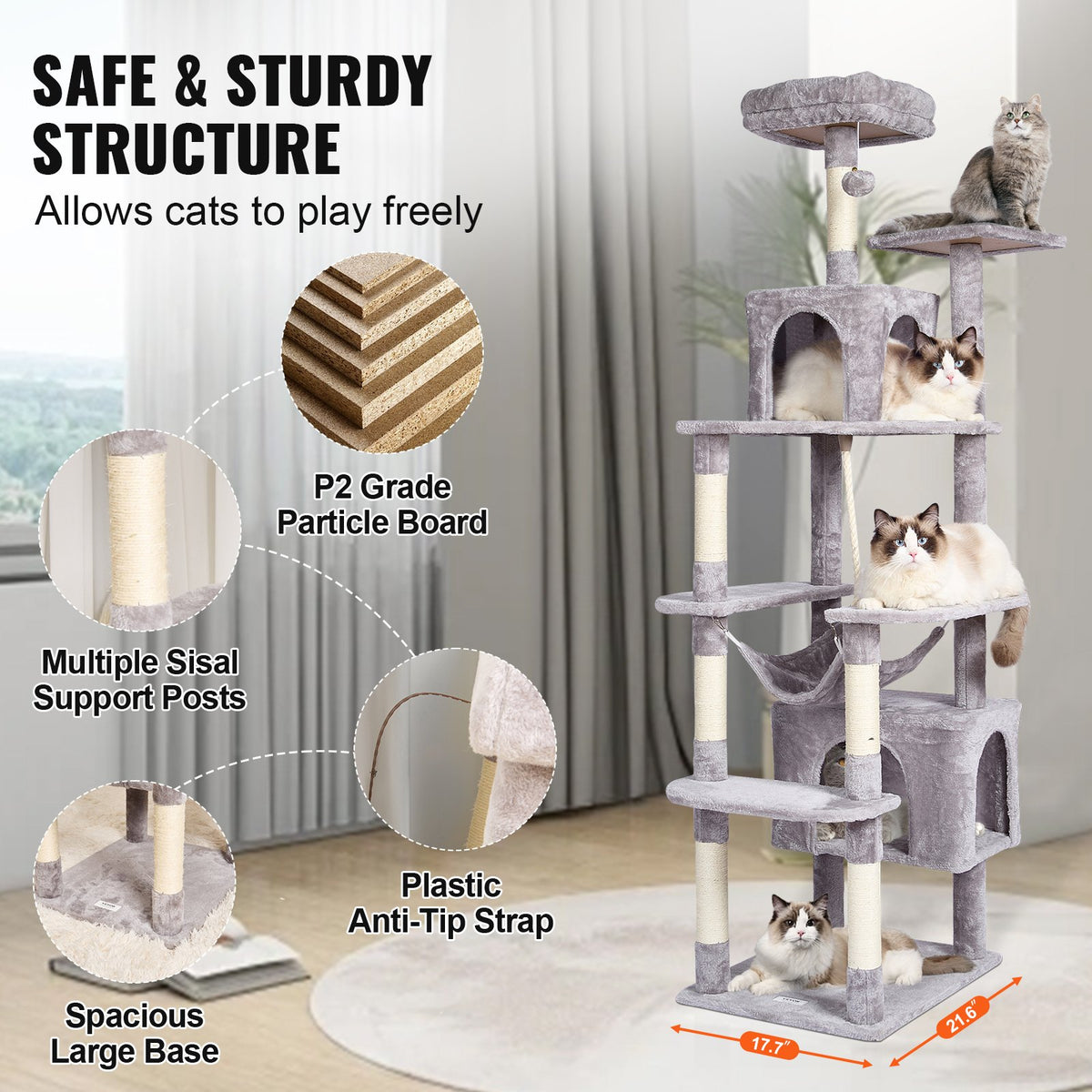 VEVOR Cat Tree 183 cm with 2 Condos and Sisal Scratching Posts, Light Grey