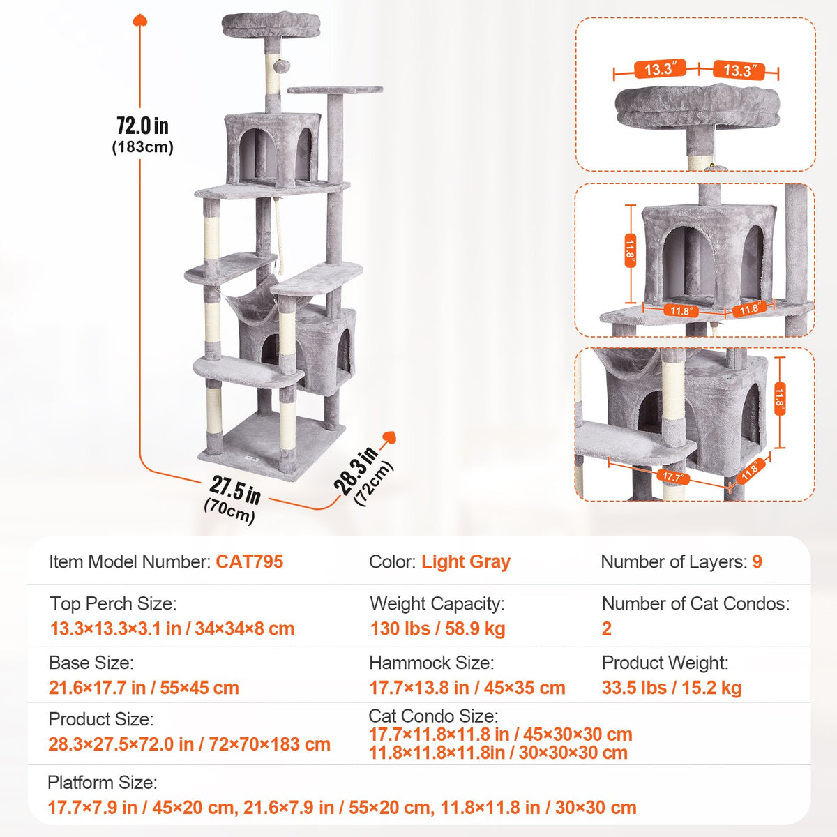VEVOR Cat Tree 183 cm with 2 Condos and Sisal Scratching Posts, Light Grey