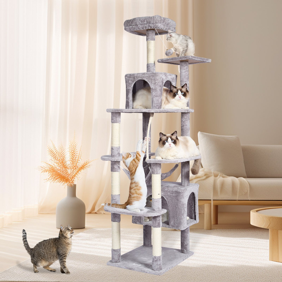 VEVOR Cat Tree 183 cm with 2 Condos and Sisal Scratching Posts, Light Grey