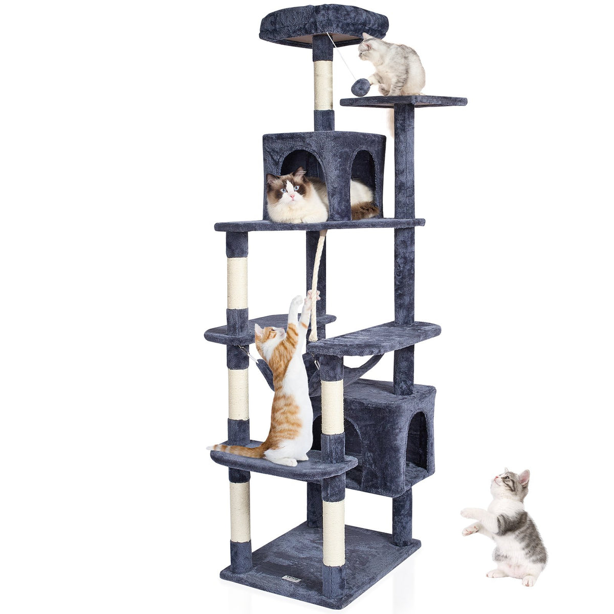 VEVOR Cat Tree 183 cm with 2 Houses, Hammock, Platform and Sisal Scratching Posts, for 1–4 Cats, Dark Grey