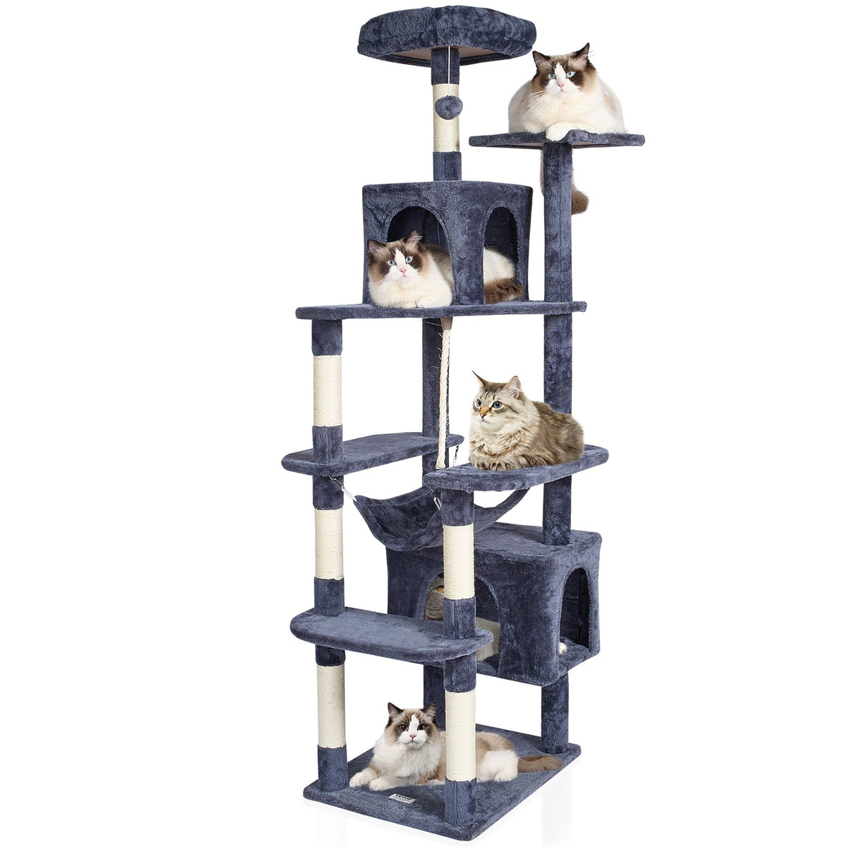 VEVOR Cat Tree 183 cm with 2 Houses, Hammock, Platform and Sisal Scratching Posts, for 1–4 Cats, Dark Grey