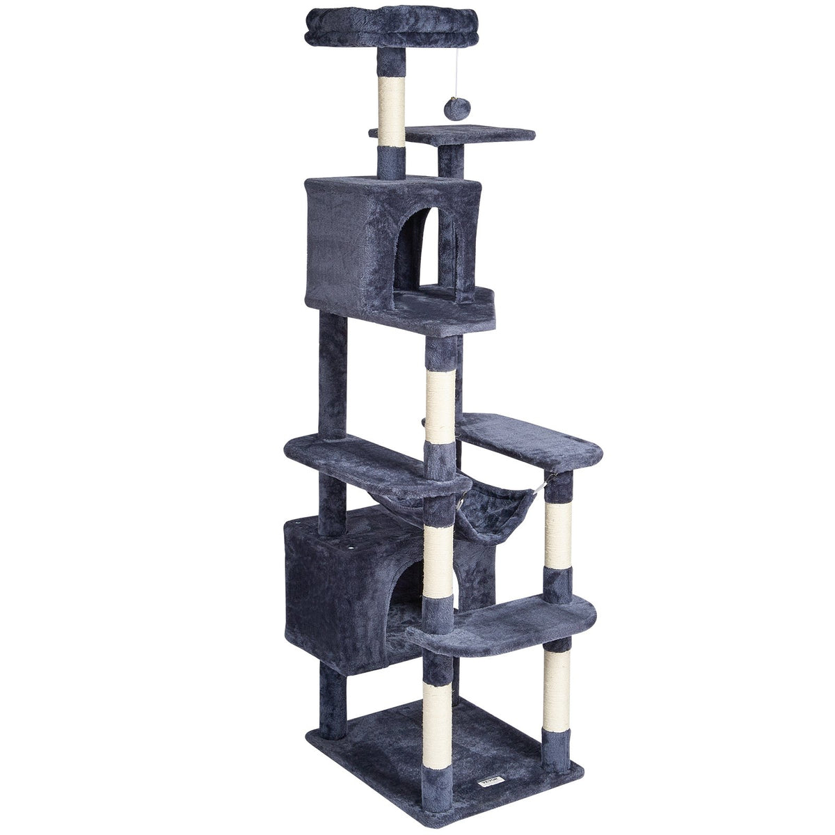 VEVOR Cat Tree 183 cm with 2 Houses, Hammock, Platform and Sisal Scratching Posts, for 1–4 Cats, Dark Grey