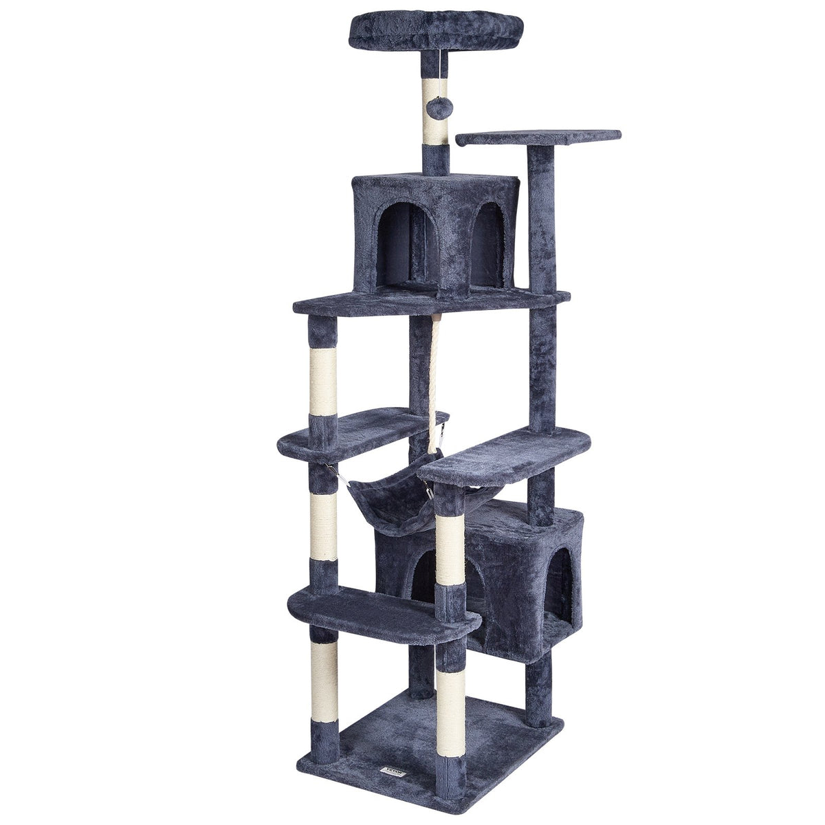 VEVOR Cat Tree 183 cm with 2 Houses, Hammock, Platform and Sisal Scratching Posts, for 1–4 Cats, Dark Grey