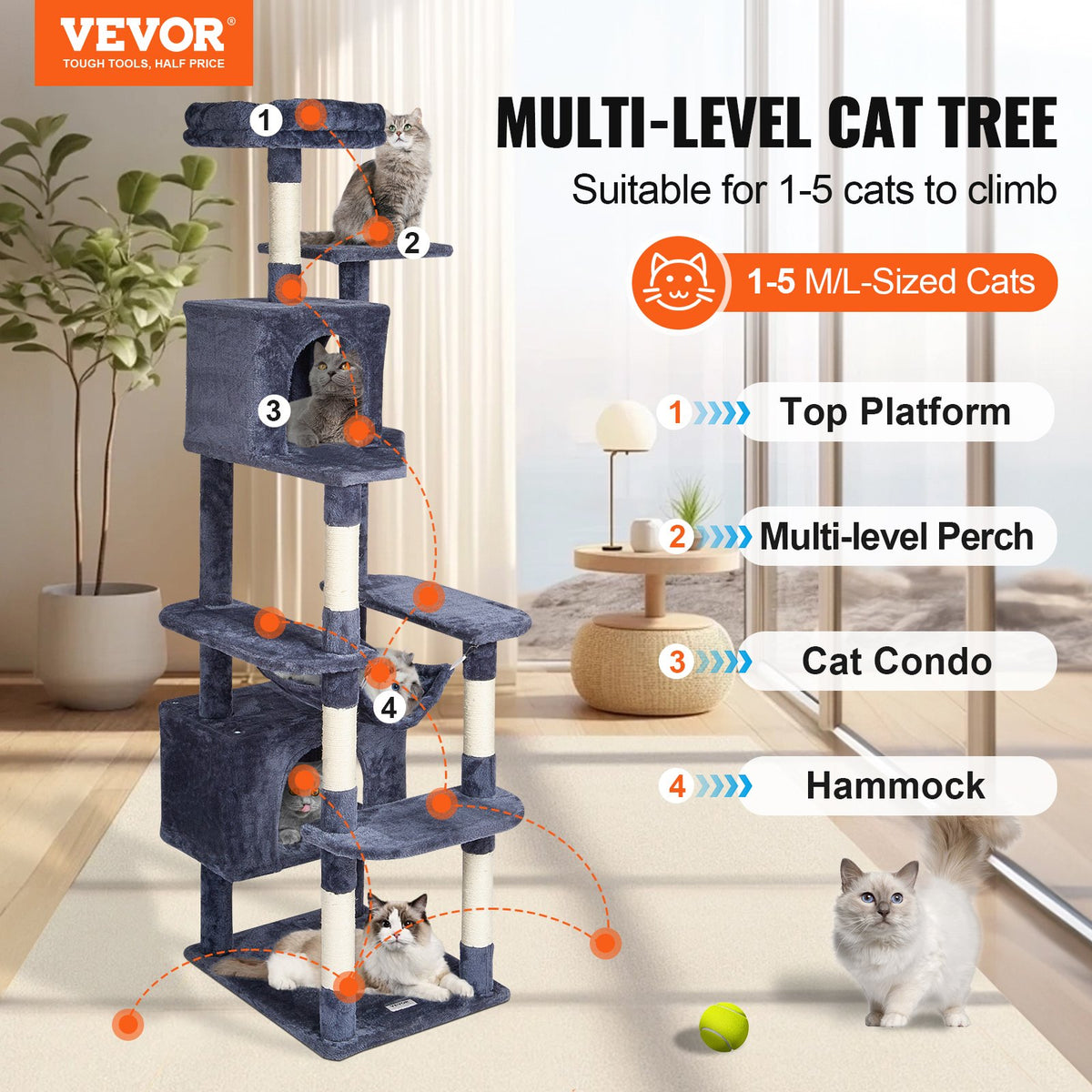 VEVOR Cat Tree 183 cm with 2 Houses, Hammock, Platform and Sisal Scratching Posts, for 1–4 Cats, Dark Grey