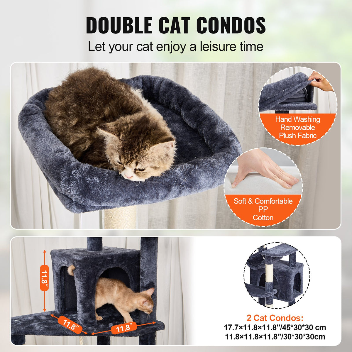 VEVOR Cat Tree 183 cm with 2 Houses, Hammock, Platform and Sisal Scratching Posts, for 1–4 Cats, Dark Grey