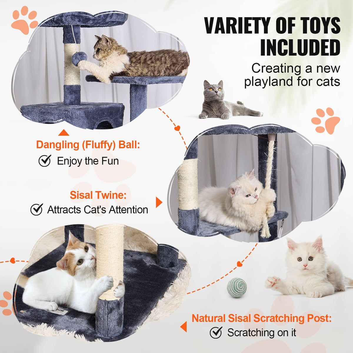 VEVOR Cat Tree 183 cm with 2 Houses, Hammock, Platform and Sisal Scratching Posts, for 1–4 Cats, Dark Grey