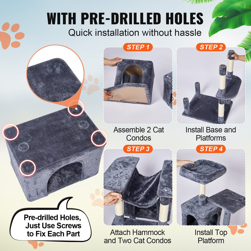 VEVOR Kaķu tornis 183 cm ar 2 mājiņām un sizala skrāpēšanas stabiem, tumši pelēks