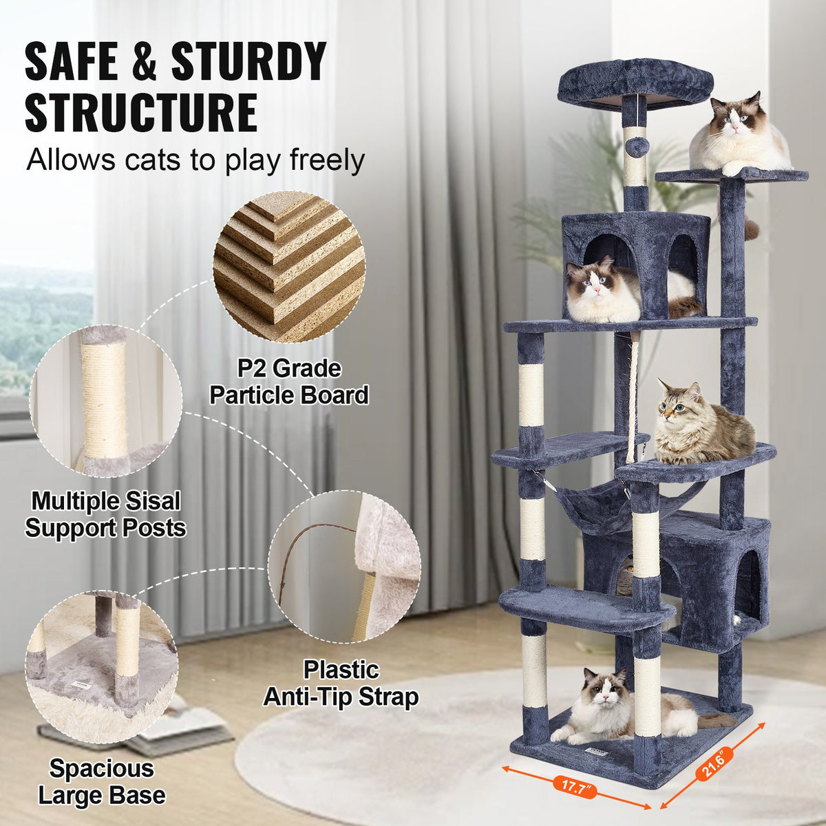 VEVOR Cat Tree 183 cm with 2 Houses, Hammock, Platform and Sisal Scratching Posts, for 1–4 Cats, Dark Grey