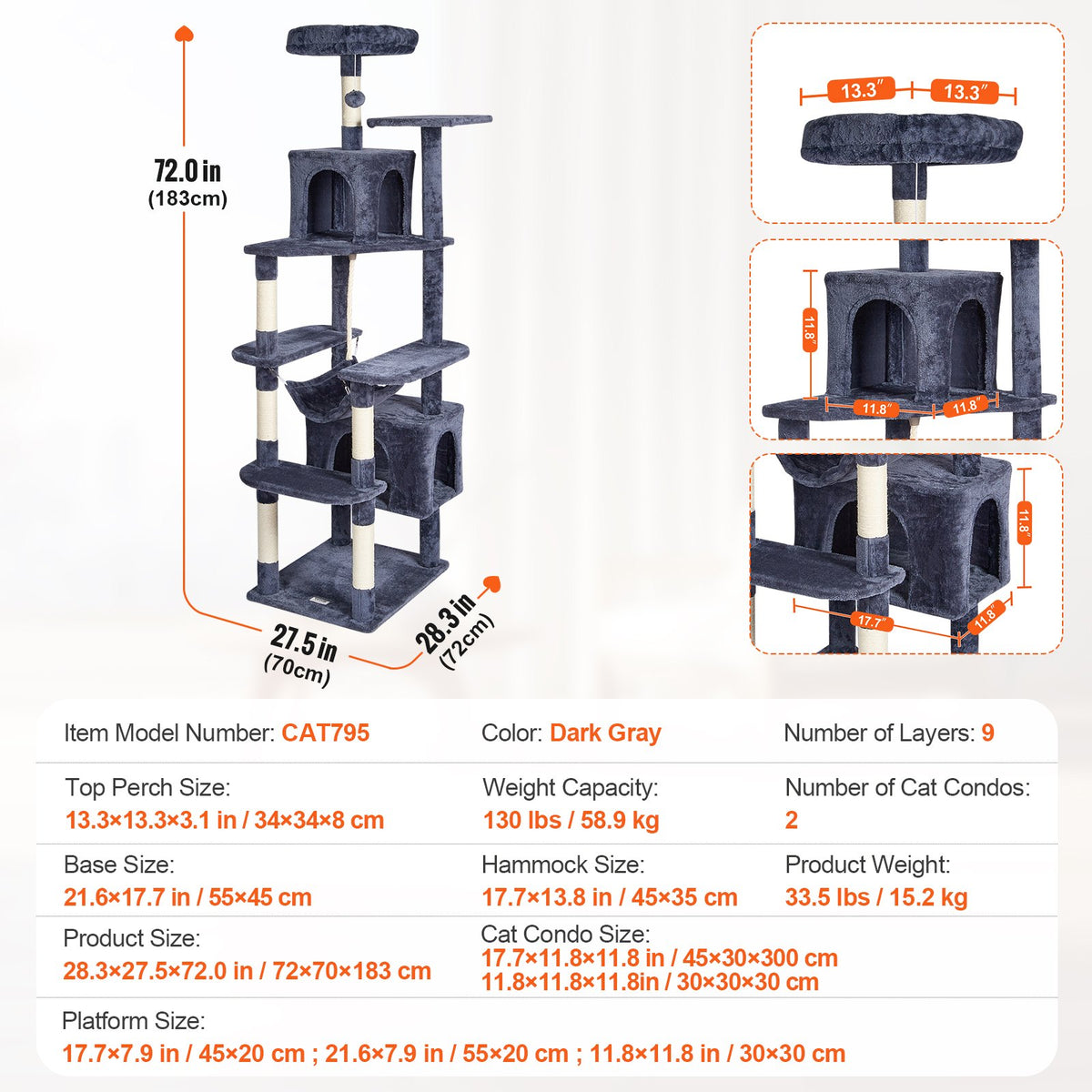 VEVOR Cat Tree 183 cm with 2 Houses, Hammock, Platform and Sisal Scratching Posts, for 1–4 Cats, Dark Grey