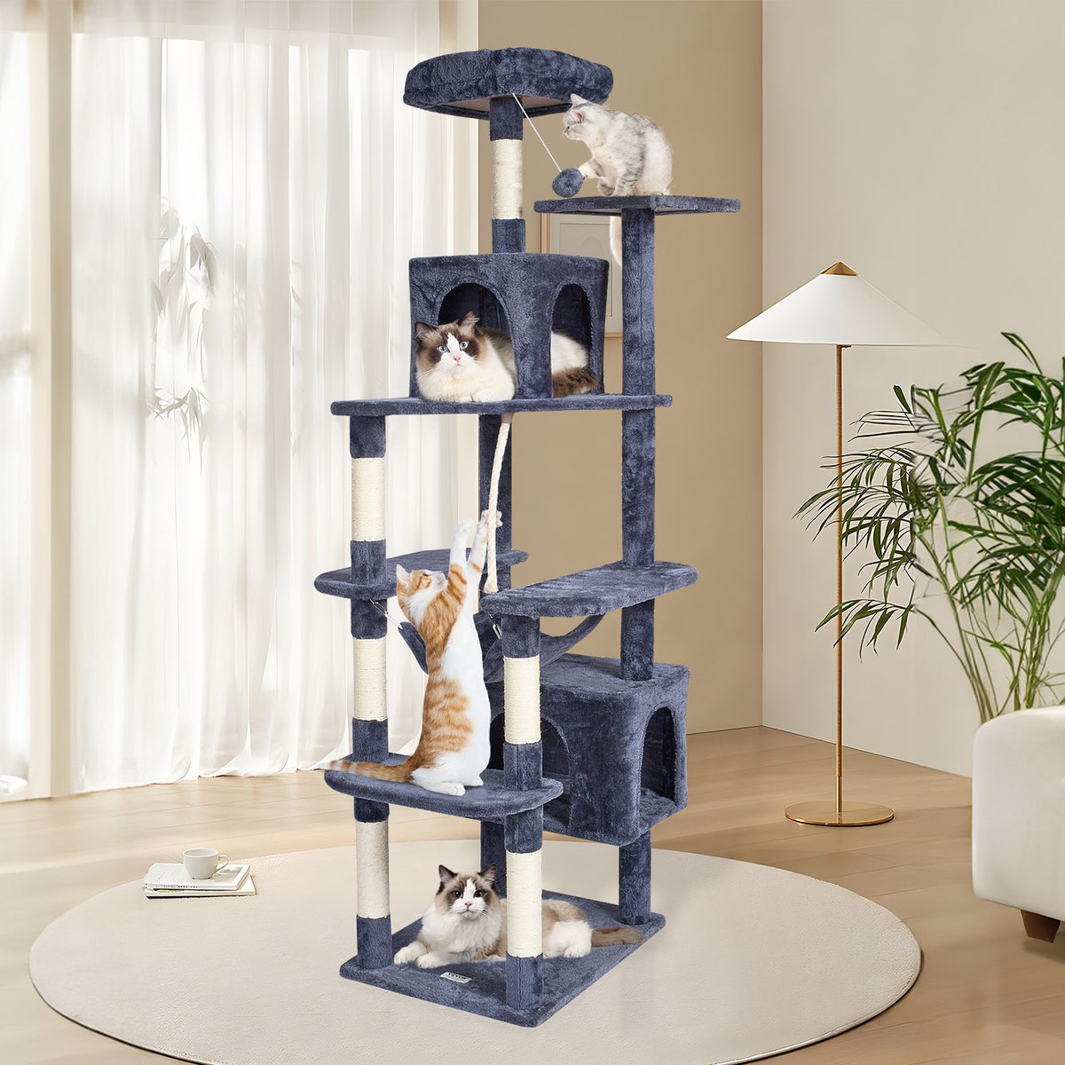 VEVOR Cat Tree 183 cm with 2 Houses, Hammock, Platform and Sisal Scratching Posts, for 1–4 Cats, Dark Grey