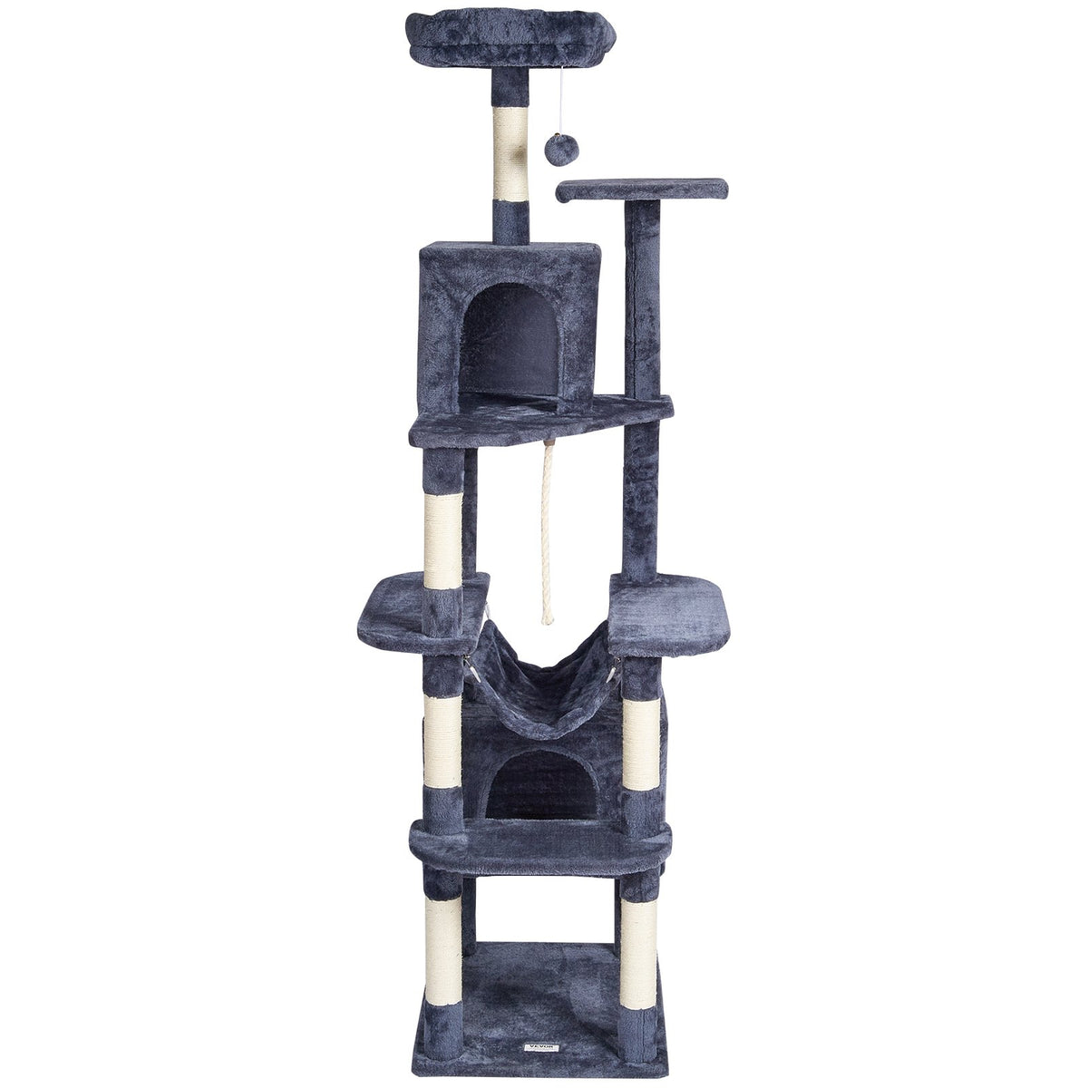 VEVOR Cat Tree 183 cm with 2 Houses, Hammock, Platform and Sisal Scratching Posts, for 1–4 Cats, Dark Grey