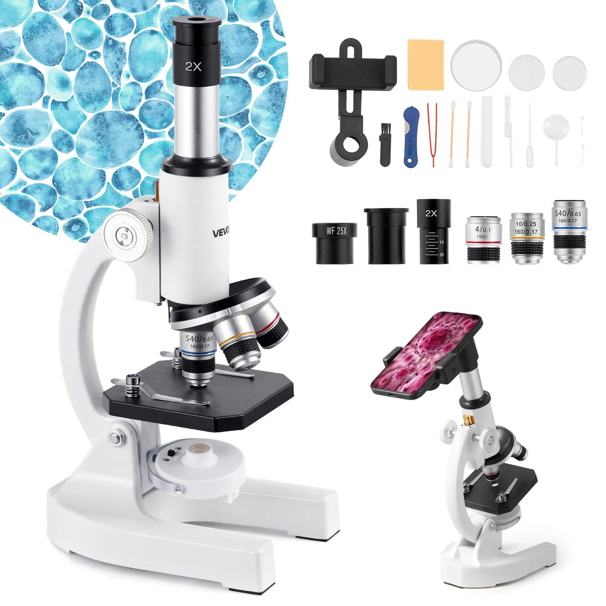 VEVOR Monocular Microscope for Adults, Professional Compound Microscope Kit with 40–2000× Magnification, Aluminium Alloy Body, LED Illumination and Phone Holder, Suitable for Laboratories, Schools and Home Education