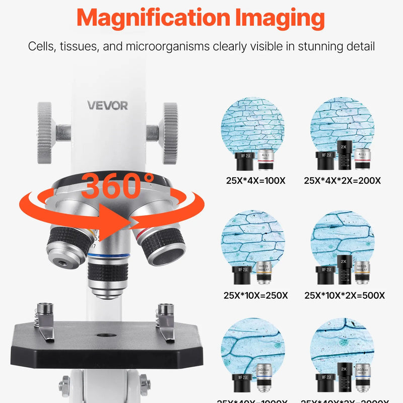 VEVOR monokulārais mikroskops pieaugušajiem, profesionāls saliktais mikroskopa komplekts ar 40-2000× palielinājumu, alumīnija sakausējuma korpusu, LED apgaismojumu un tālruņa turētāju, piemērots laboratorijām, skolām un izglītībai mājās