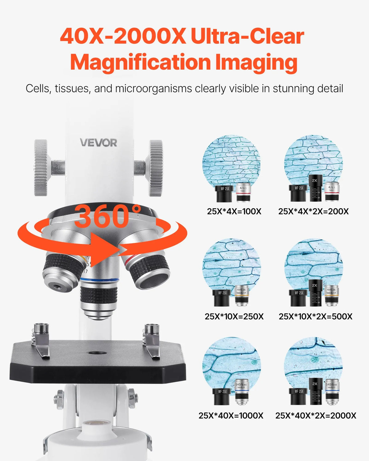 VEVOR Monocular Microscope for Adults, Professional Compound Microscope Kit with 40–2000× Magnification, Aluminium Alloy Body, LED Illumination and Phone Holder, Suitable for Laboratories, Schools and Home Education
