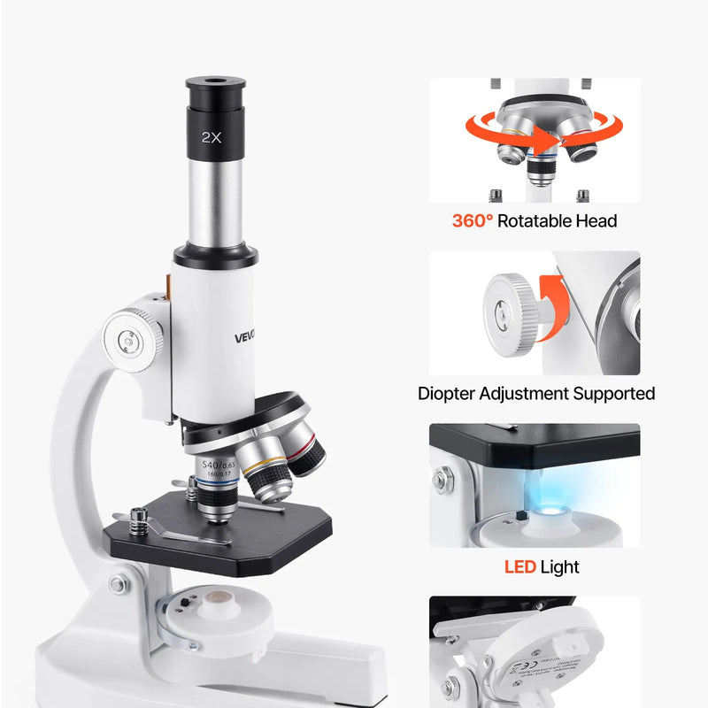 VEVOR monokulārais mikroskops pieaugušajiem, profesionāls saliktais mikroskopa komplekts ar 40-2000× palielinājumu, alumīnija sakausējuma korpusu, LED apgaismojumu un tālruņa turētāju, piemērots laboratorijām, skolām un izglītībai mājās