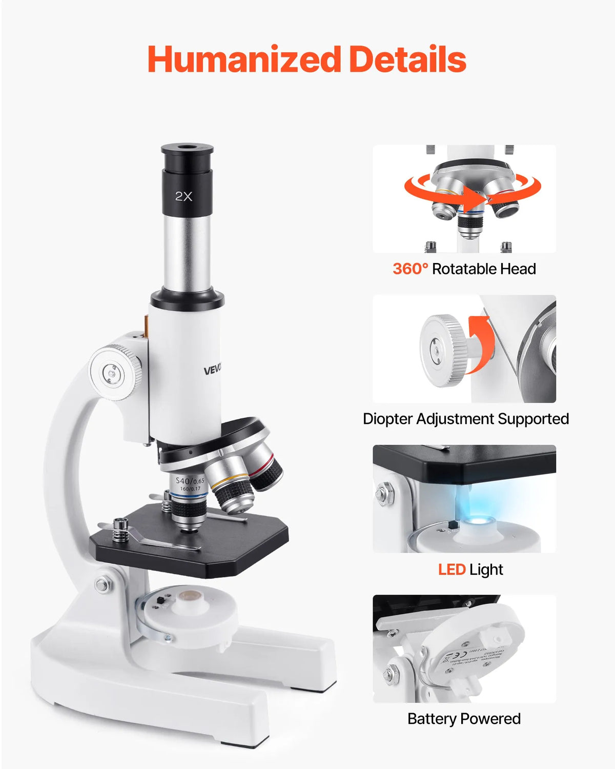 VEVOR Monocular Microscope for Adults, Professional Compound Microscope Kit with 40–2000× Magnification, Aluminium Alloy Body, LED Illumination and Phone Holder, Suitable for Laboratories, Schools and Home Education