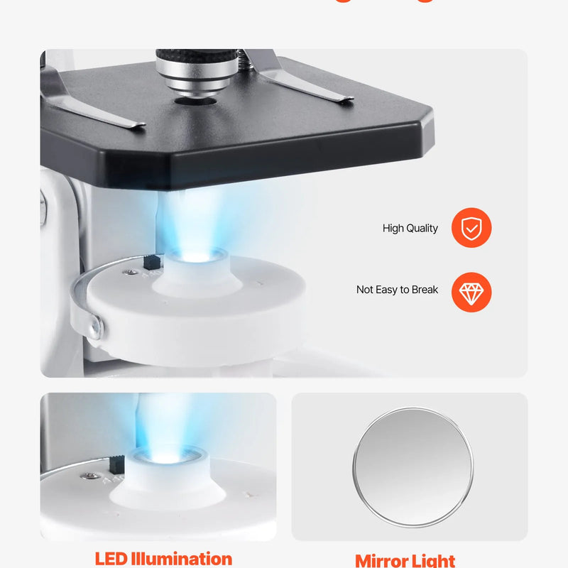 VEVOR monokulārais mikroskops pieaugušajiem, profesionāls saliktais mikroskopa komplekts ar 40-2000× palielinājumu, alumīnija sakausējuma korpusu, LED apgaismojumu un tālruņa turētāju, piemērots laboratorijām, skolām un izglītībai mājās