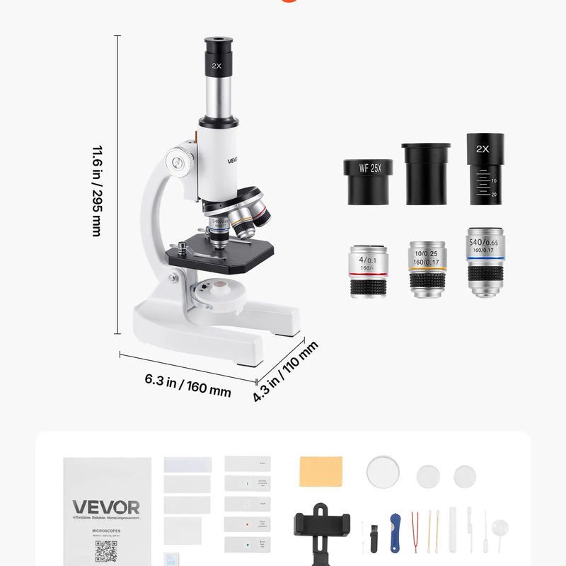 VEVOR monokulārais mikroskops pieaugušajiem, profesionāls saliktais mikroskopa komplekts ar 40-2000× palielinājumu, alumīnija sakausējuma korpusu, LED apgaismojumu un tālruņa turētāju, piemērots laboratorijām, skolām un izglītībai mājās