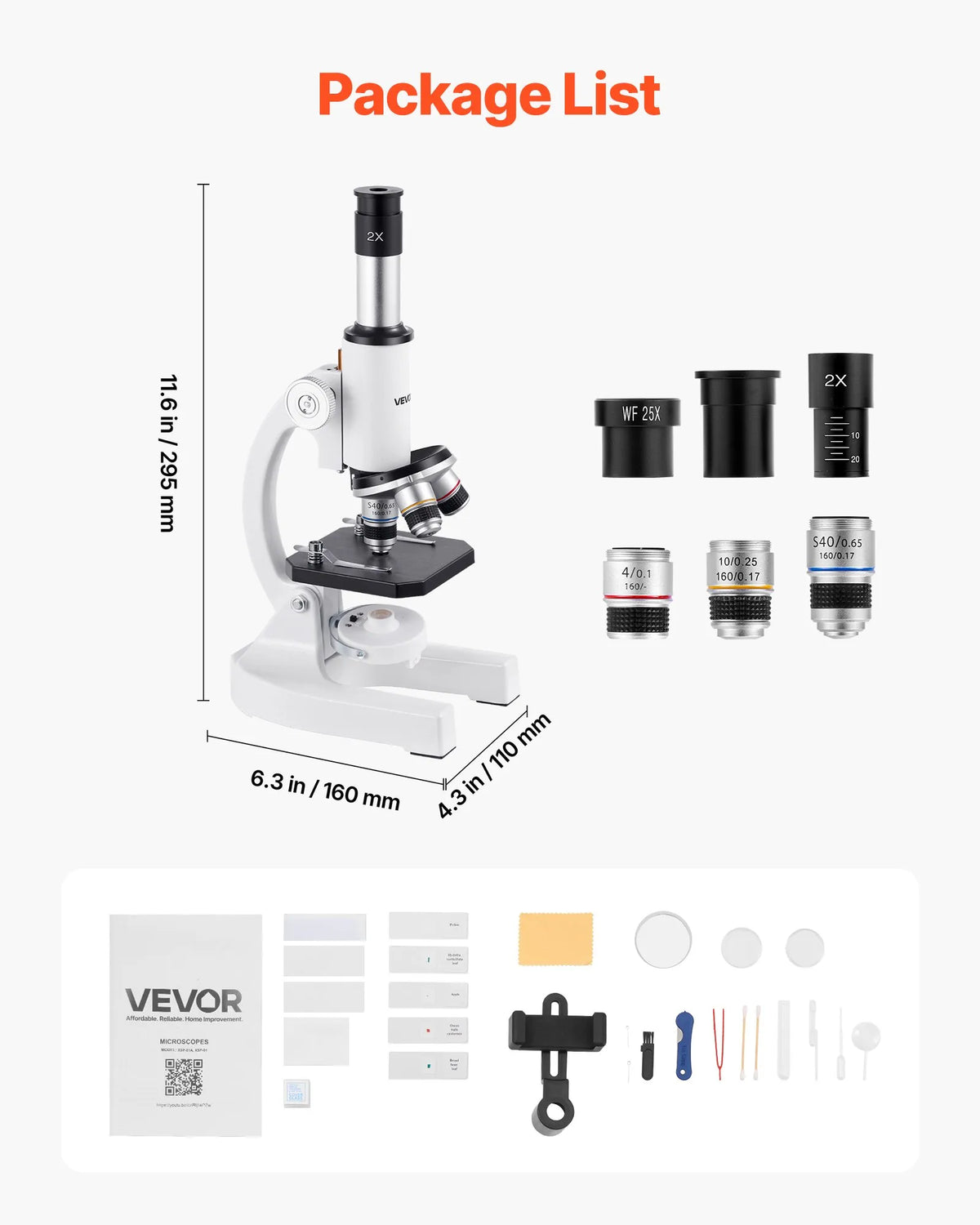 VEVOR Monocular Microscope for Adults, Professional Compound Microscope Kit with 40–2000× Magnification, Aluminium Alloy Body, LED Illumination and Phone Holder, Suitable for Laboratories, Schools and Home Education