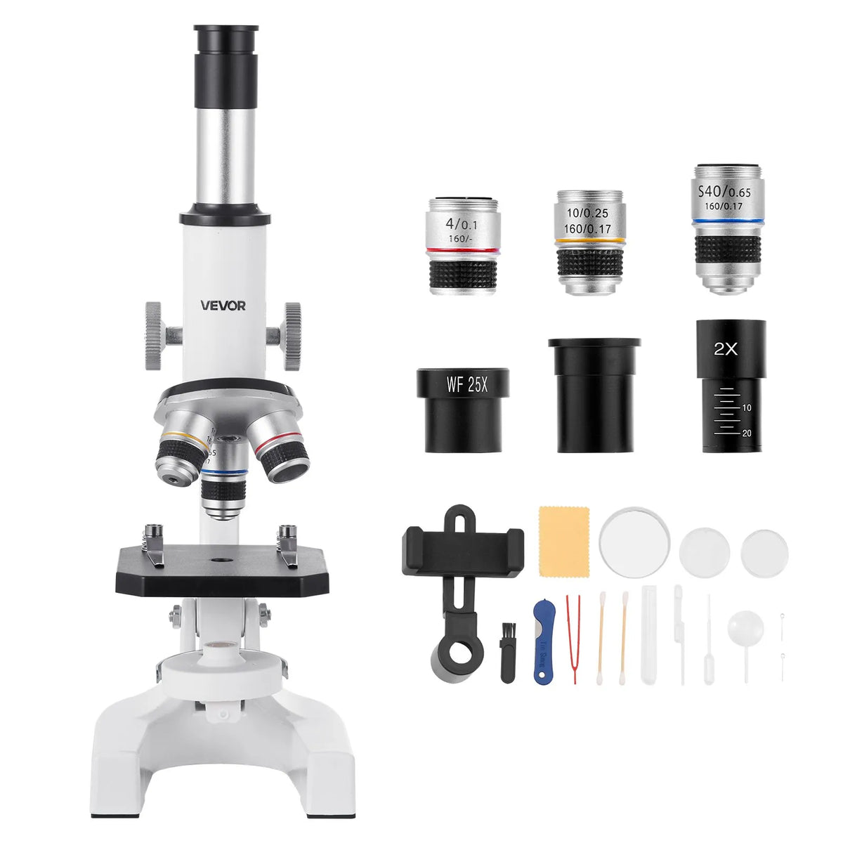 VEVOR Monocular Microscope for Adults, Professional Compound Microscope Kit with 40–2000× Magnification, Aluminium Alloy Body, LED Illumination and Phone Holder, Suitable for Laboratories, Schools and Home Education