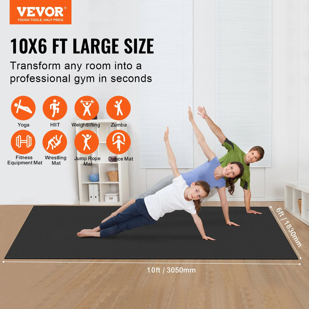 VEVOR Non-Slip Exercise Mat 3.0 × 1.8 m for Yoga, Fitness and Pilates
