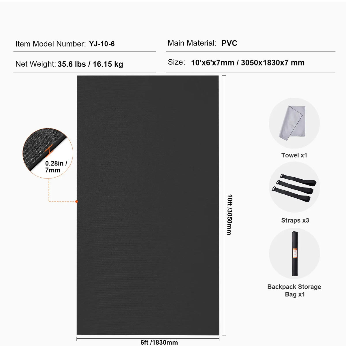 VEVOR Non-Slip Exercise Mat 3.0 × 1.8 m for Yoga, Fitness and Pilates