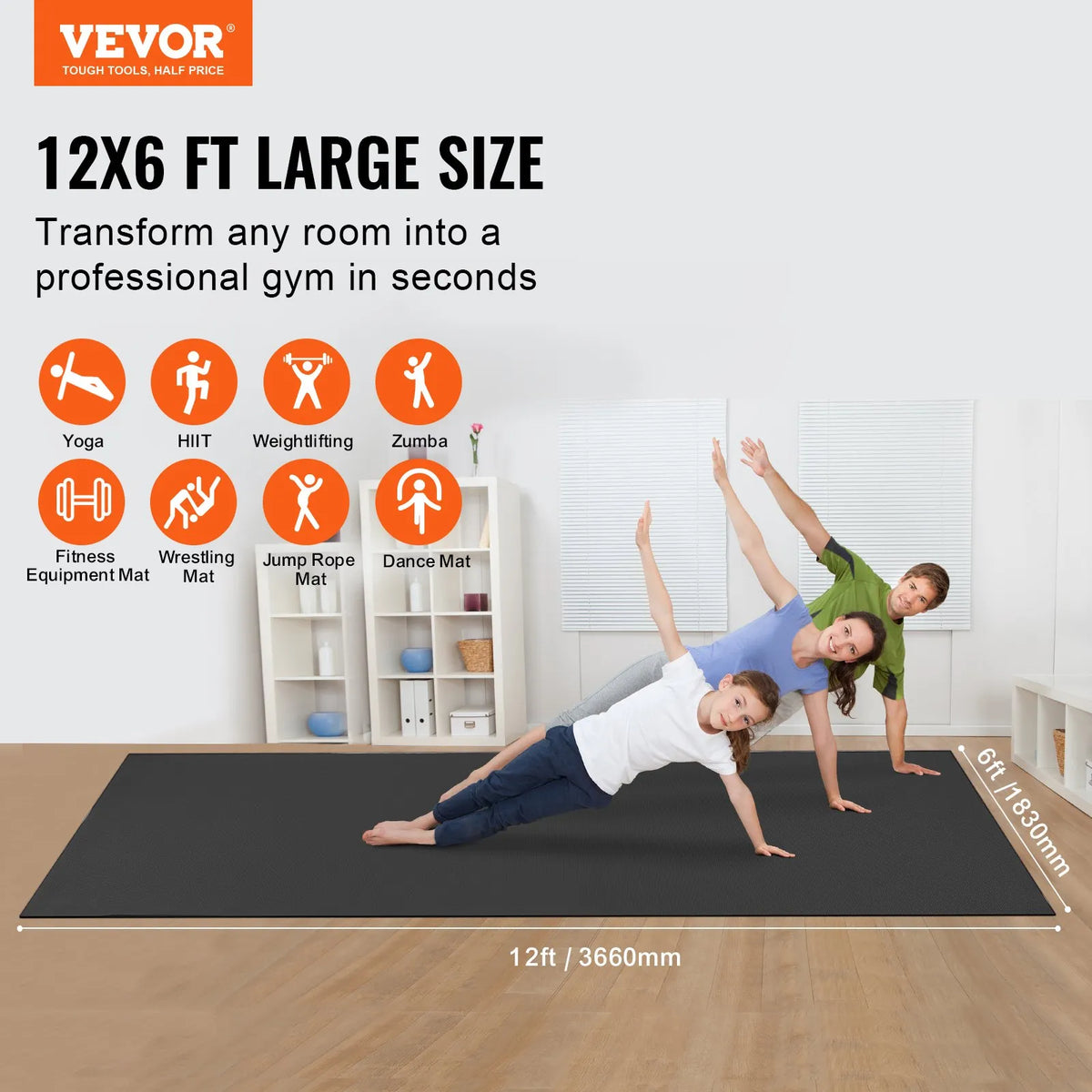 VEVOR Non-Slip Exercise Mat 3.7 × 1.8 m for Yoga, Fitness and Pilates