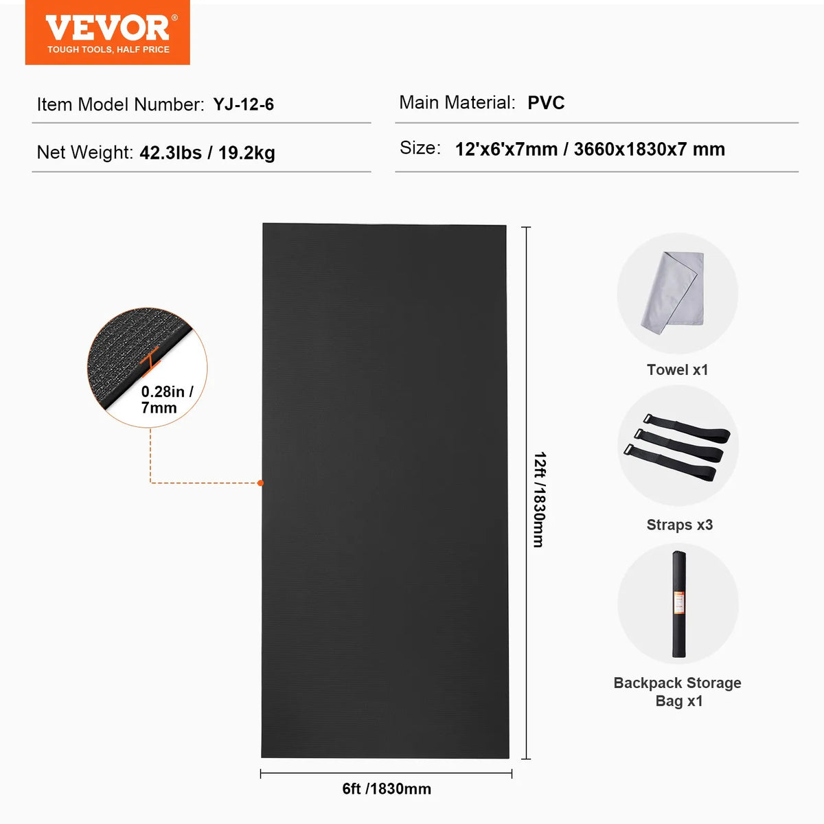 VEVOR Non-Slip Exercise Mat 3.7 × 1.8 m for Yoga, Fitness and Pilates