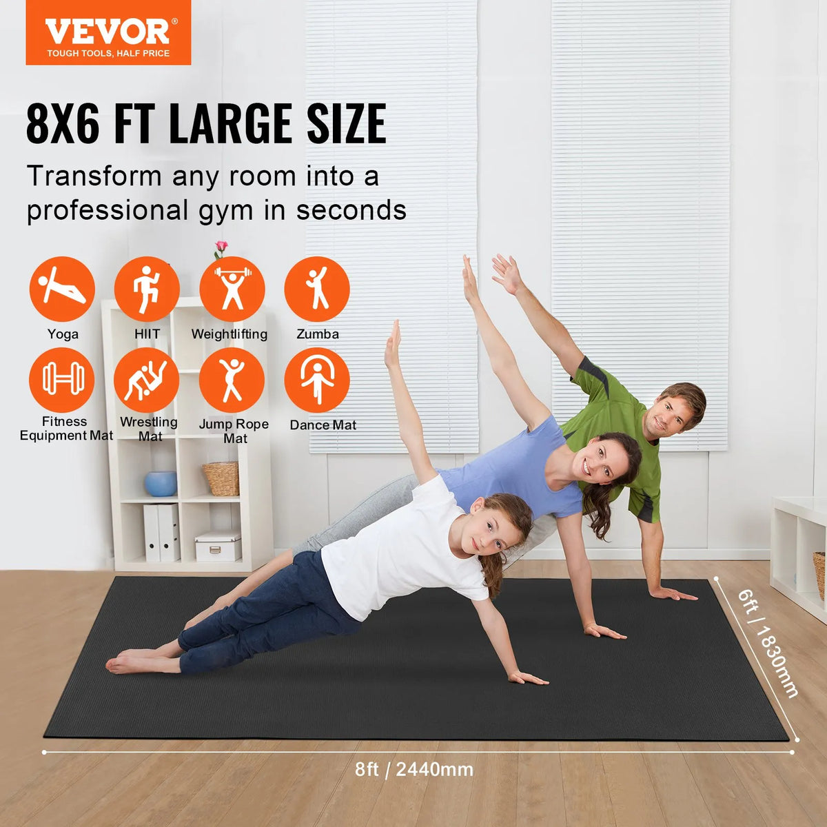 VEVOR neslīdošs vingrošanas paklājs 2,4 × 1,8 m jogai, fitnesam un pilatēm
