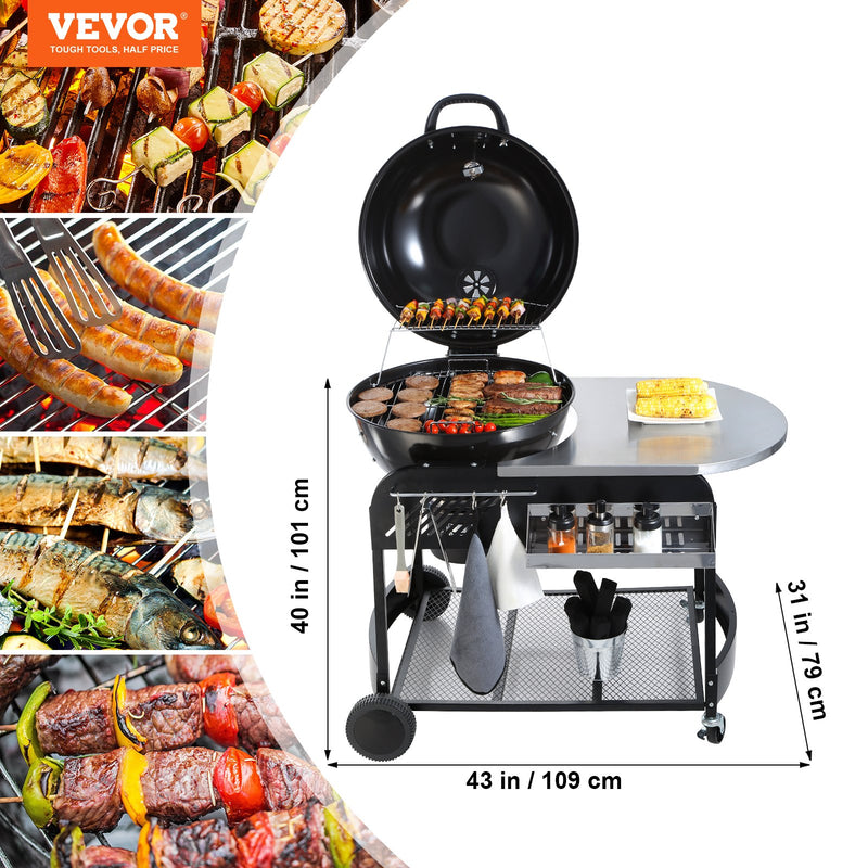 VEVOR 54 cm pārnēsājamais oglekļa un propāna gāzes grils – izturīgs dzelzs BBQ grils ar vāku un ratiņiem, brīvi stāvošs kūpinātājs kempingam, piknikam un pagalma grilēšanai