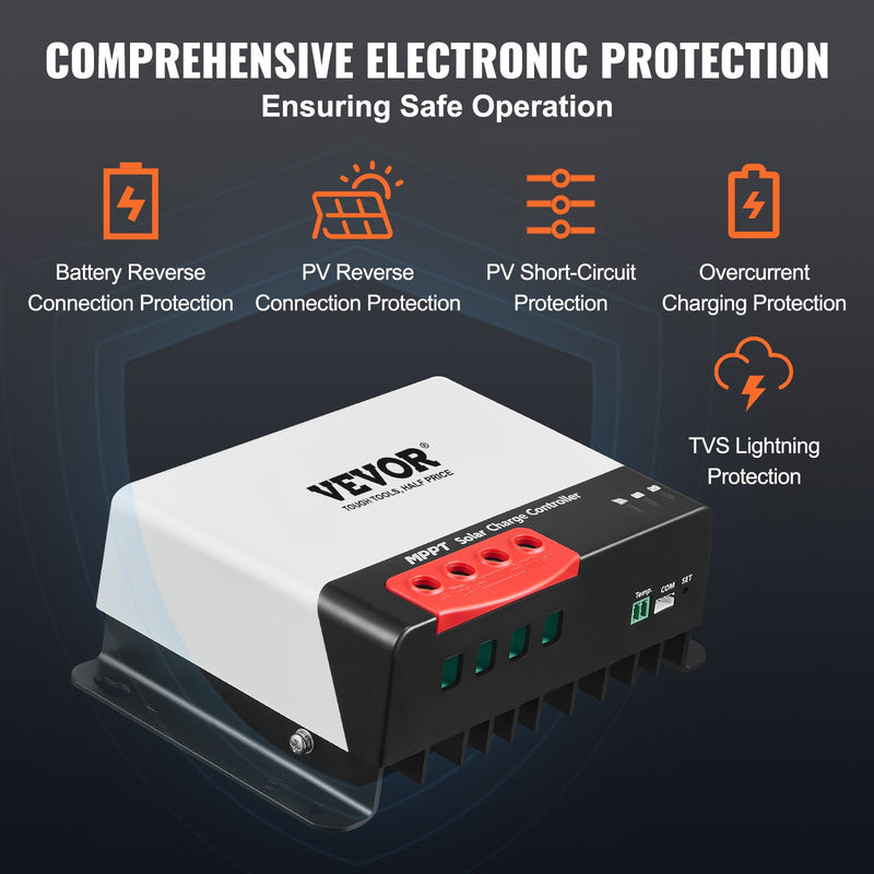 VEVOR 50A MPPT saules uzlādes kontrolieris, 12V / 24V auto DC ieeja, saules paneļa regulators ar Bluetooth moduli, 98% uzlādes efektivitāte, piemērots AGM, Gel, Flooded un litija akumulatoru uzlādei