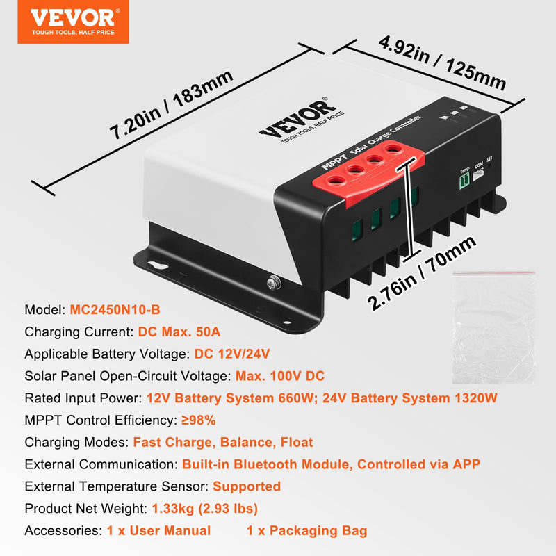 VEVOR 50A MPPT saules uzlādes kontrolieris, 12V / 24V auto DC ieeja, saules paneļa regulators ar Bluetooth moduli, 98% uzlādes efektivitāte, piemērots AGM, Gel, Flooded un litija akumulatoru uzlādei