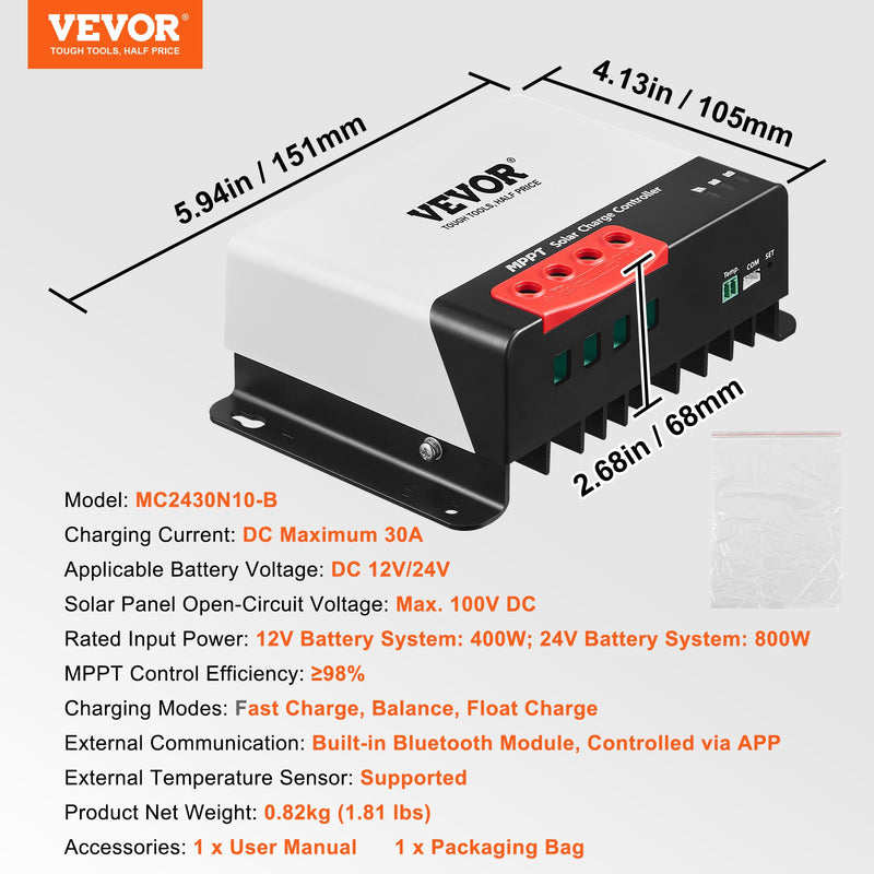 VEVOR 30A MPPT saules uzlādes kontrolieris, 12V / 24V Auto DC ieeja, Saules paneļa regulators ar Bluetooth moduli, 98% uzlādes efektivitāte, piemērots AGM, Gel, Flooded un litija akumulatoru uzlādei