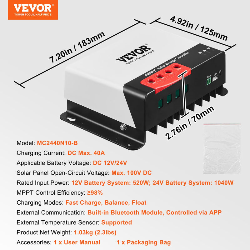 VEVOR 40A MPPT saules uzlādes kontrolieris, 12V / 24V Auto DC ieeja, Saules paneļa regulators ar Bluetooth moduli, 98% uzlādes efektivitāte, piemērots AGM, Gel, Flooded un litija akumulatoriem