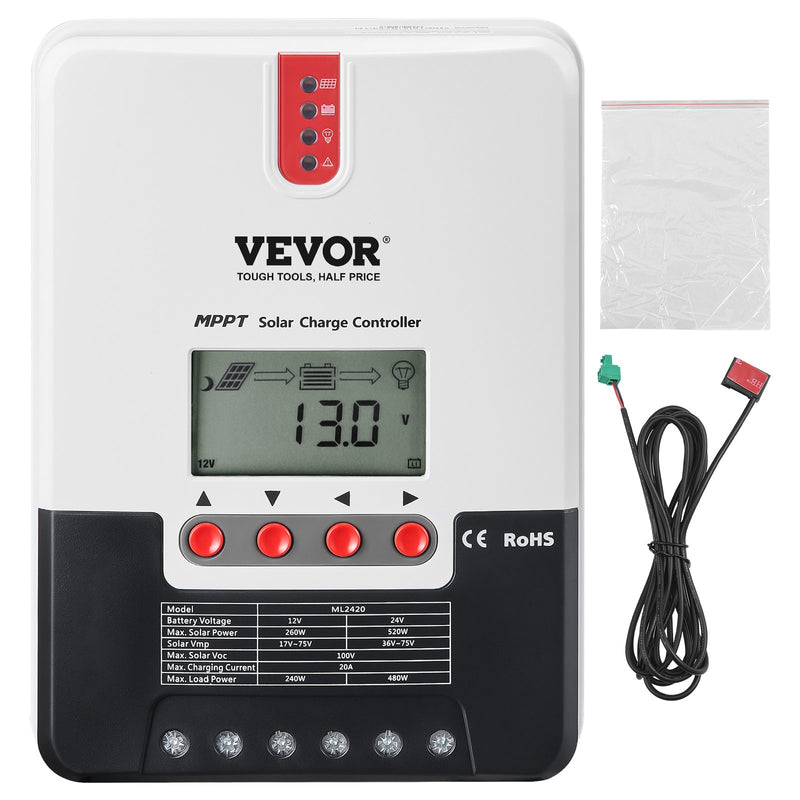 VEVOR 20A MPPT Saules uzlādes kontrolieris, 12V / 24V Auto DC ieeja, Saules paneļa regulators ar LCD displeju, temperatūras sensoru kabelis, piemērots AGM, Gel, Flooded un litija akumulatoru uzlādei